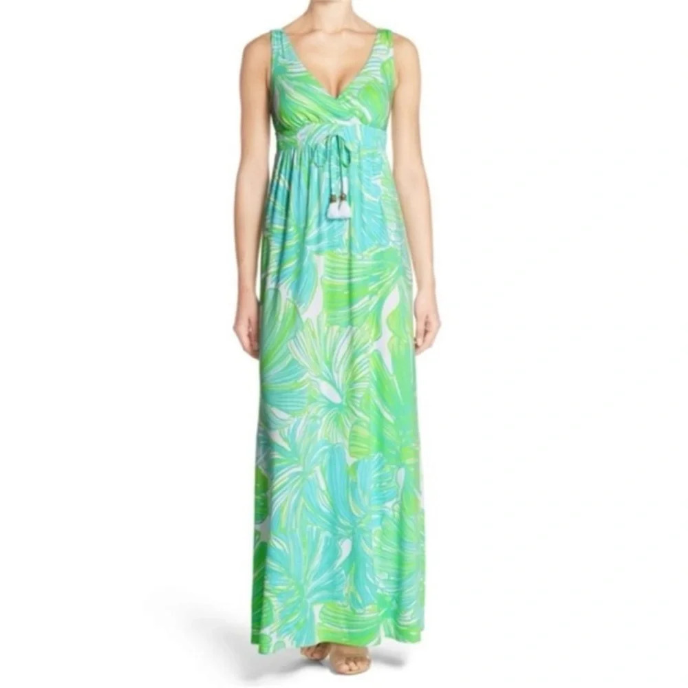 Lilly Pulitzer Isla Green Sheen Fronds Place Tassel Tie Jersey Long Maxi Dress